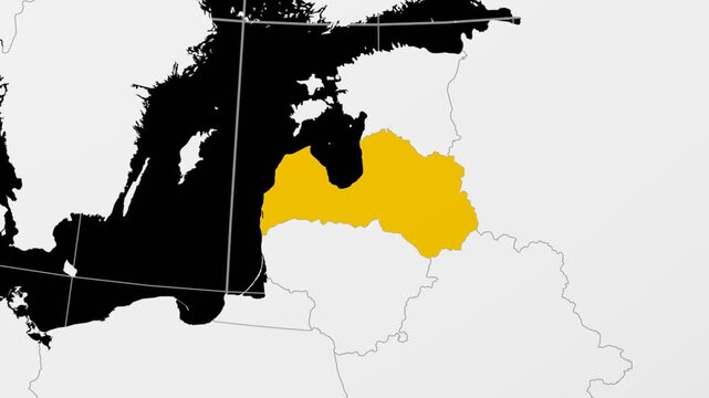 Latvia map. Animated zoom into the country on the Globe in Black White color palette. Country logo animation. Map with meridians, parallels. Trending video.