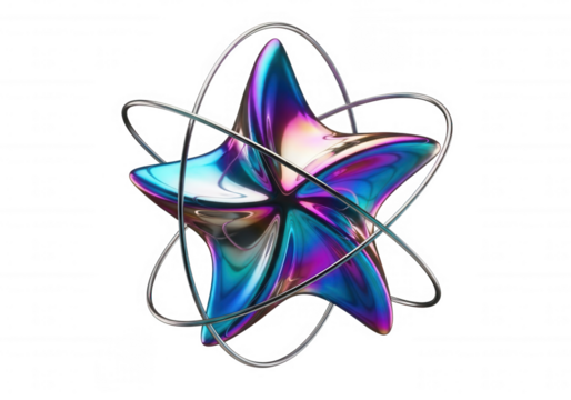 Iridescent star orbiting metal rings isolated on a transparent background