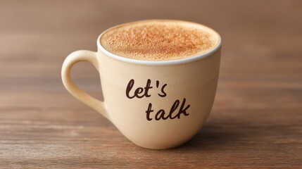 Fototapeta premium Warm Cup of Coffee with Inspirational Text for Conversations and Connection on Brown Wooden Background