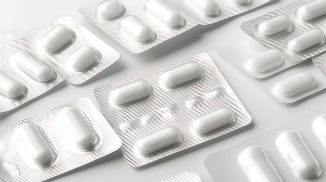 White Oval Capsules in Blister Packs, Shiny Pills in Silver Foil, Medical Treatment CloseUp