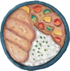 Curry rice plate with katsu chicken hand drawn watercolor