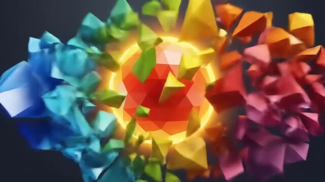 Colorful geometric shapes exploding in a dynamic arrangement against a dark background