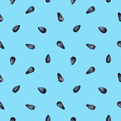 Seamless pattern background. Endless backdrop template. Black organic sunflower seeds, nutritious and delicious healthy food, raw material for oil production. Hand drawn watercolor illustration