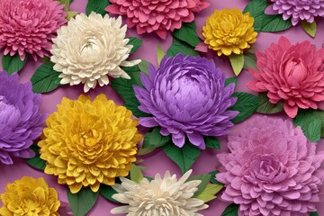 Obraz premium Vibrant floral arrangement features various paper-cut blooms on a pink surface
