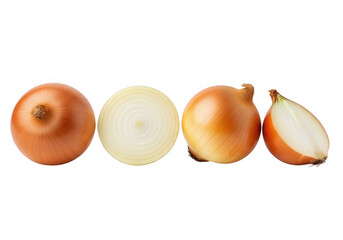 Golden brown onions sliced and whole isolated on a transparent background