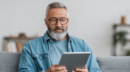 Thoughtful older man with glasses using tablet in cozy modern living room, enjoying technology and leisure time, digital communication concept