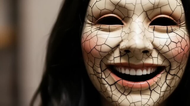 Creepy Cracked Masked Face with Wide Smile and Dark Eyes.
