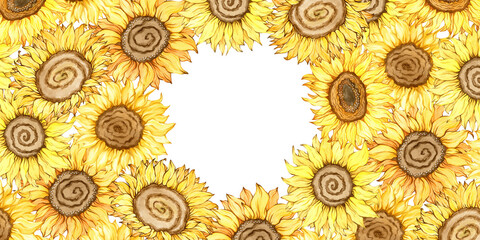 Card, banner template, frame, border, space for text, copy space. Sunflower flower head,blooming plant. Hand drawn watercolor illustration. Brand design oil, seeds production, wrapping, greeting cards
