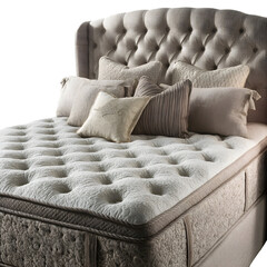 Luxurious bed with padded headboard and pillows on transparent background