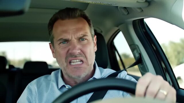 Stressed man driving car furrowed brows and gritted teeth in furious road rage An angry frustrated male driver expresses intense irritation and discomfort