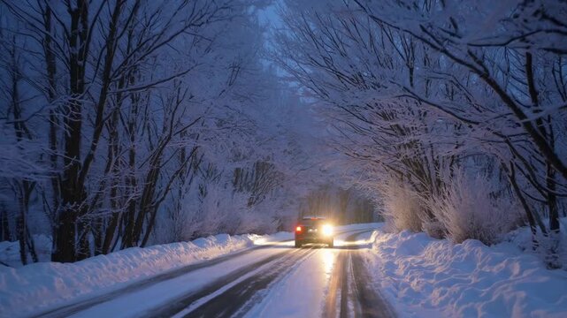 Car headlights illuminate a snow covered tunnel of trees along a winter road, creating a solitary and enchanting atmosphere during a cold night journey