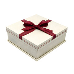 Square gift box with red ribbon and bow on a transparent background