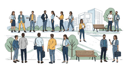 CAD Drawings Set – People Outlines Walking, Standing, Isolated on White Background Vector Illustration AI EPS PNG