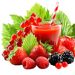 Vibrant berry smoothie with fresh fruit and green leaves against a transparent background