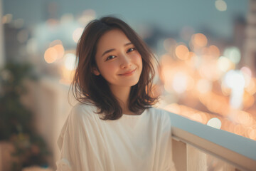 Obraz premium 女性 夜のベランダ ポートレート カメラ目線
