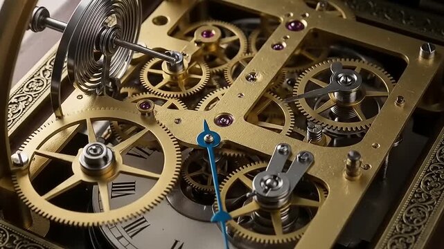 Close-up of intricate clockwork mechanism with brass gears and springs, showcasing precision engineering and craftsmanship.