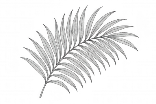 Palm frond drawing in vintage style, tropical botanical illustration, leaf outline artwork on transparent background