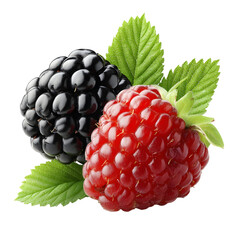 Fresh blackberries and raspberry with green leaves isolated on transparent background