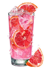 Refreshing pink grapefruit juice cocktail with ice and fruit slices