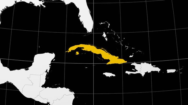 Cuba map. Animated zoom into the country on the Globe in Black White color palette. Country logo animation. Map with meridians, parallels. Classic video.
