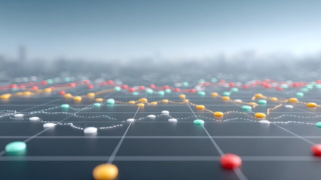 Futuristic Financial Chart with Glowing Spheres on Grid and Distant Cityscape