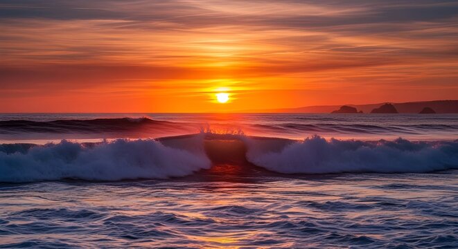 Dramatic orange sunset over the ocean with breaking waves