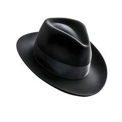 Classic black fedora hat on transparent background