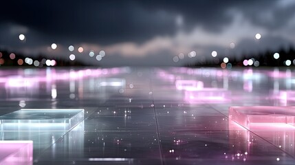 Futuristic Neon Circuit Cinematic Scene Featuring Pink and White Neon Cubes on a Grid Against a Blurred Dark Sky and Distant Trees