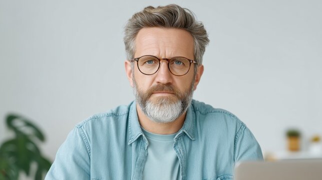 Thoughtful middle-aged man with glasses and gray beard working in a modern workspace, looking directly at the camera with a serious expression - Powered by Adobe