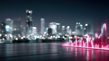 Futuristic Pink Data Chart Overlaying Cityscape at Night with Dark Tones and Blurred Background