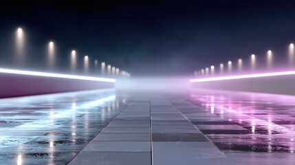 Futuristic Path with Neon Lights and Reflective Tiles in Wet Moody Ambiance