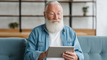 Senior man with gray beard using tablet sitting on couch in modern living room, enjoying technology and connecting with family online in bright space