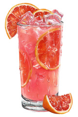 Refreshing pink grapefruit juice cocktail with ice and fruit slices