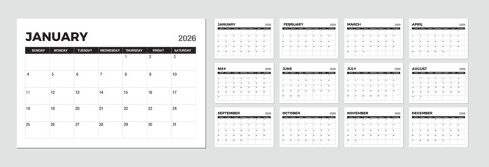 2026 Calendar Dairy. 2026 Monthly Planner Printable. Black and White Template. Wall Calendar. Week Start on Sunday