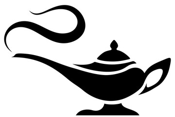 Arabic genie lamp. Black silhouette of a magic oil lamp isolated on a white background. Vector illustration