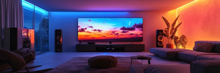 Smart entertainment living room with an ultra-wide scree