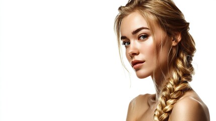 A young woman with flowing blonde hair, a side braid, and a soft, natural makeup look, against white