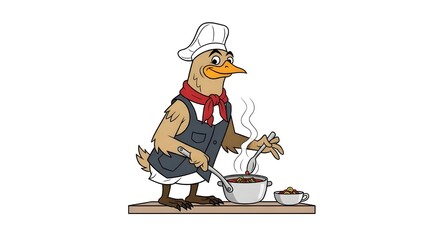 Naklejka premium Cartoon duck chef mascot cooking a meal in a steaming pot isolated PNG with Transparent Background