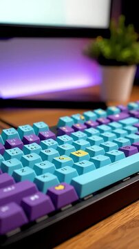 Close up of a vibrant mechanical keyboard with teal and purple custom keycaps perfect for gaming and personalized desk setups