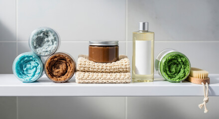 Spa Bathroom Shelf With Skincare Products And Bath Accessories