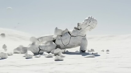 Cracked white dinosaur sculpture lying on a snowy landscape with falling debris in the background