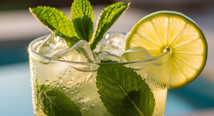 Refreshing Mojito cocktail with fresh mint and a backlit lime slice isolated PNG with Transparent Background