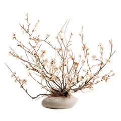 Floral arrangement with white blossoms and stone base on transparent background