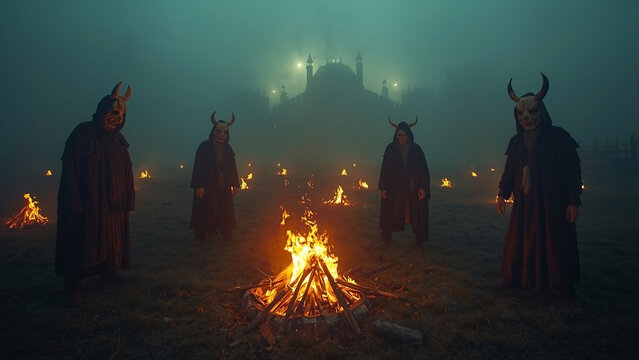 Mysterious horned figures gathered around a blazing bonfire in a foggy, atmospheric night, performing an ancient ritual under the eerie glow of scattered lights