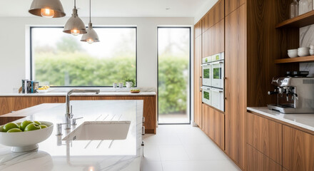 Modern Wooden Kitchen With Large Windows And Stylish Appliances