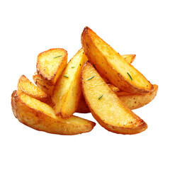 Golden crispy potato wedges with herbs isolated on transparent background