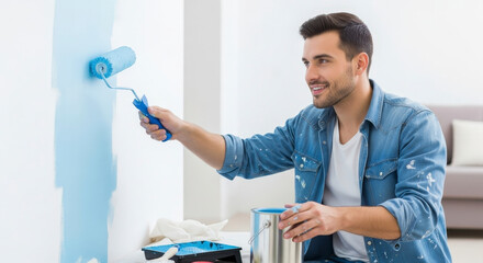 A man painting a wall with a roller brush