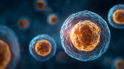 Blue and orange cells, one cell has an amber center with glowing particles inside