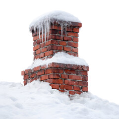 Brick chimney covered in snow and ice against transparent background