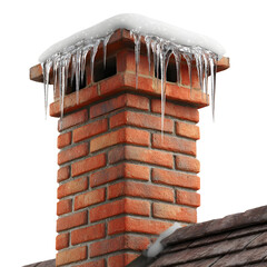 Brick chimney with icicles and snow against a transparent background